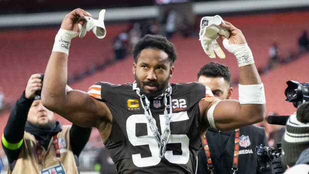 Dec 10, 2023; Cleveland, Ohio, USA; Cleveland Browns defensive end Myles Garrett (95) celebrates after the Browns beat the Jacksonville Jaguars at Cleveland Browns Stadium.